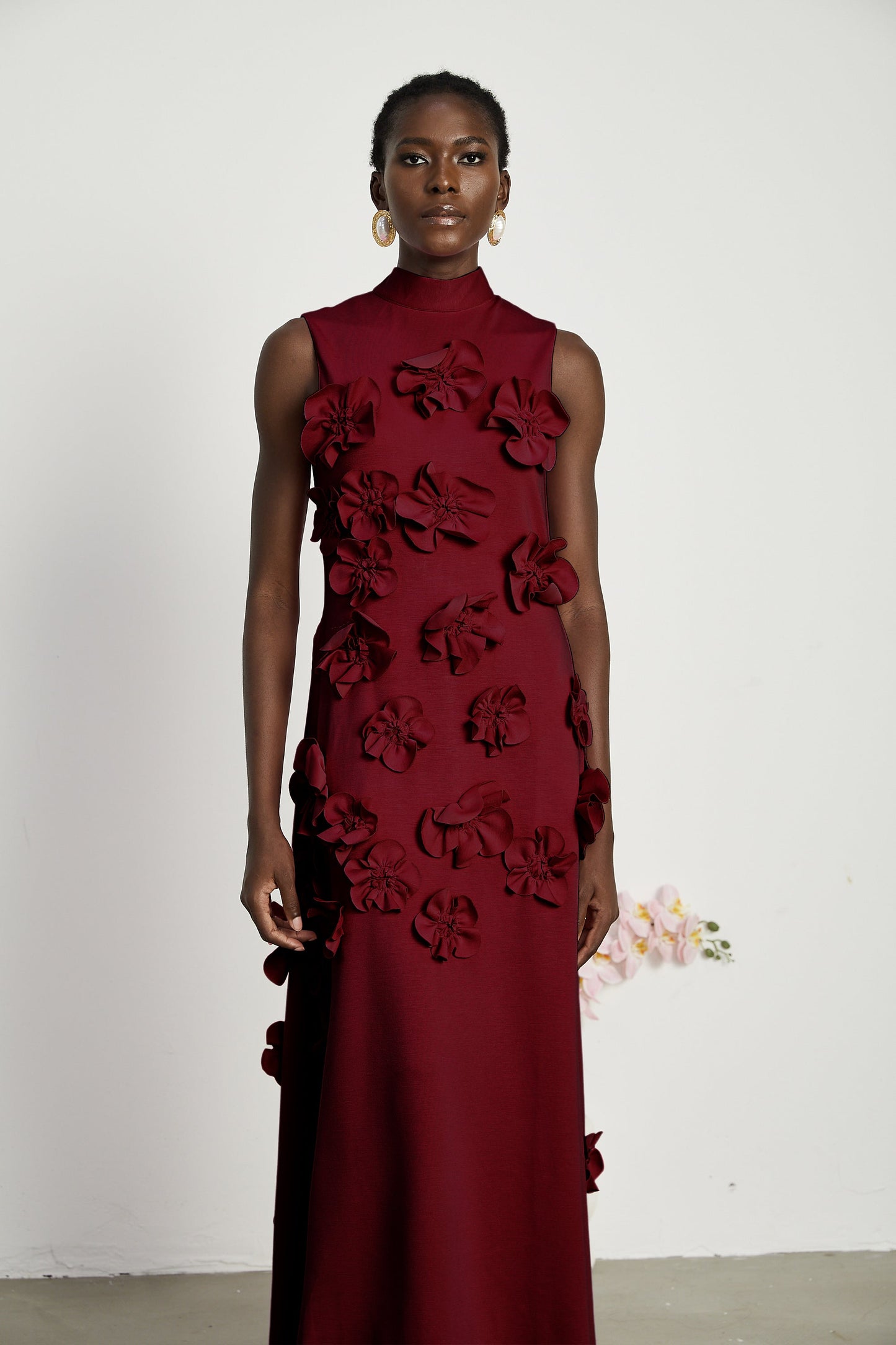 Magali Red Sleeveless Maxi Dress with Faux Flower & Bow-Tie Embellishment