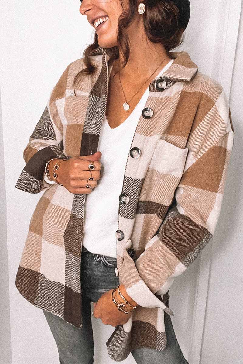 Omyke Fashion Lapel Loose Plaid Jacket Tops(3 Colors)