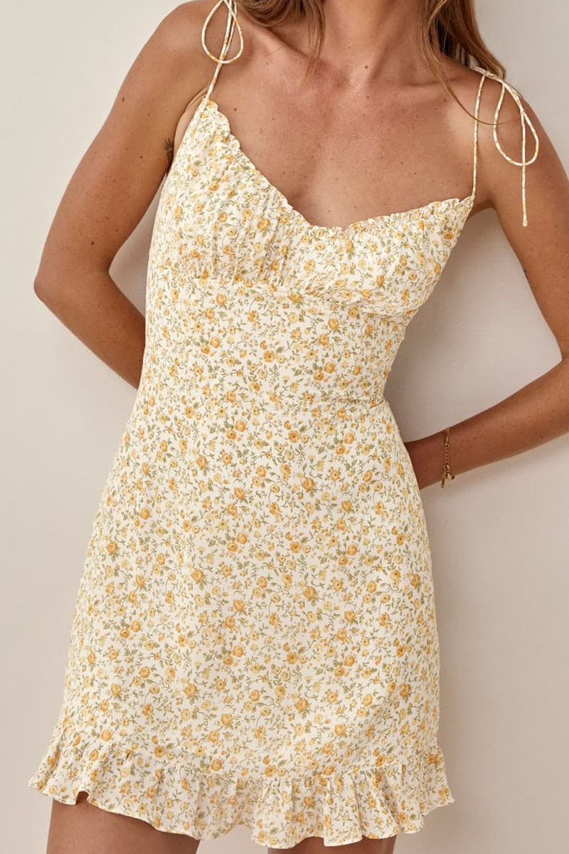 Sweet Elegant Print Flowers Frenulum V Neck A Line Dresses