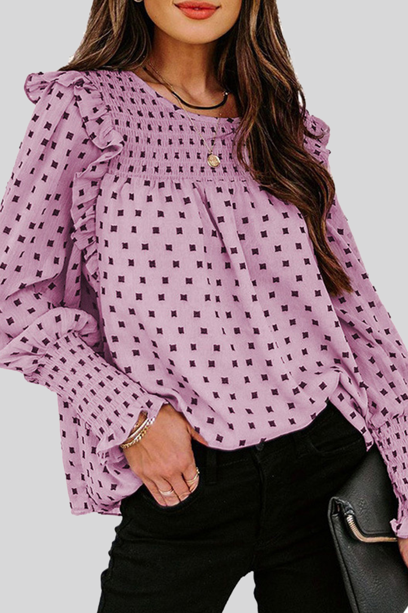 Omyke Casual Elegant Print Patchwork Stringy Selvedge O Neck Tops(4 colors)