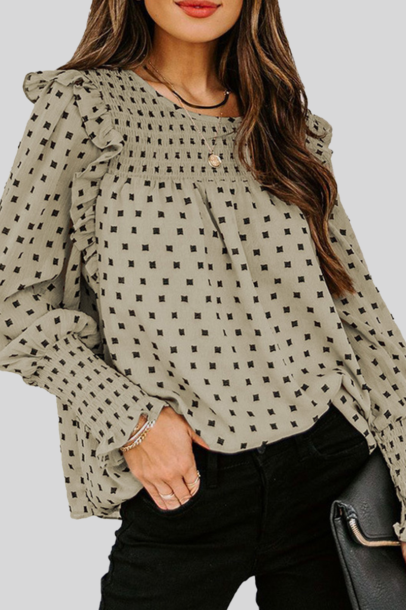 Omyke Casual Elegant Print Patchwork Stringy Selvedge O Neck Tops(4 colors)
