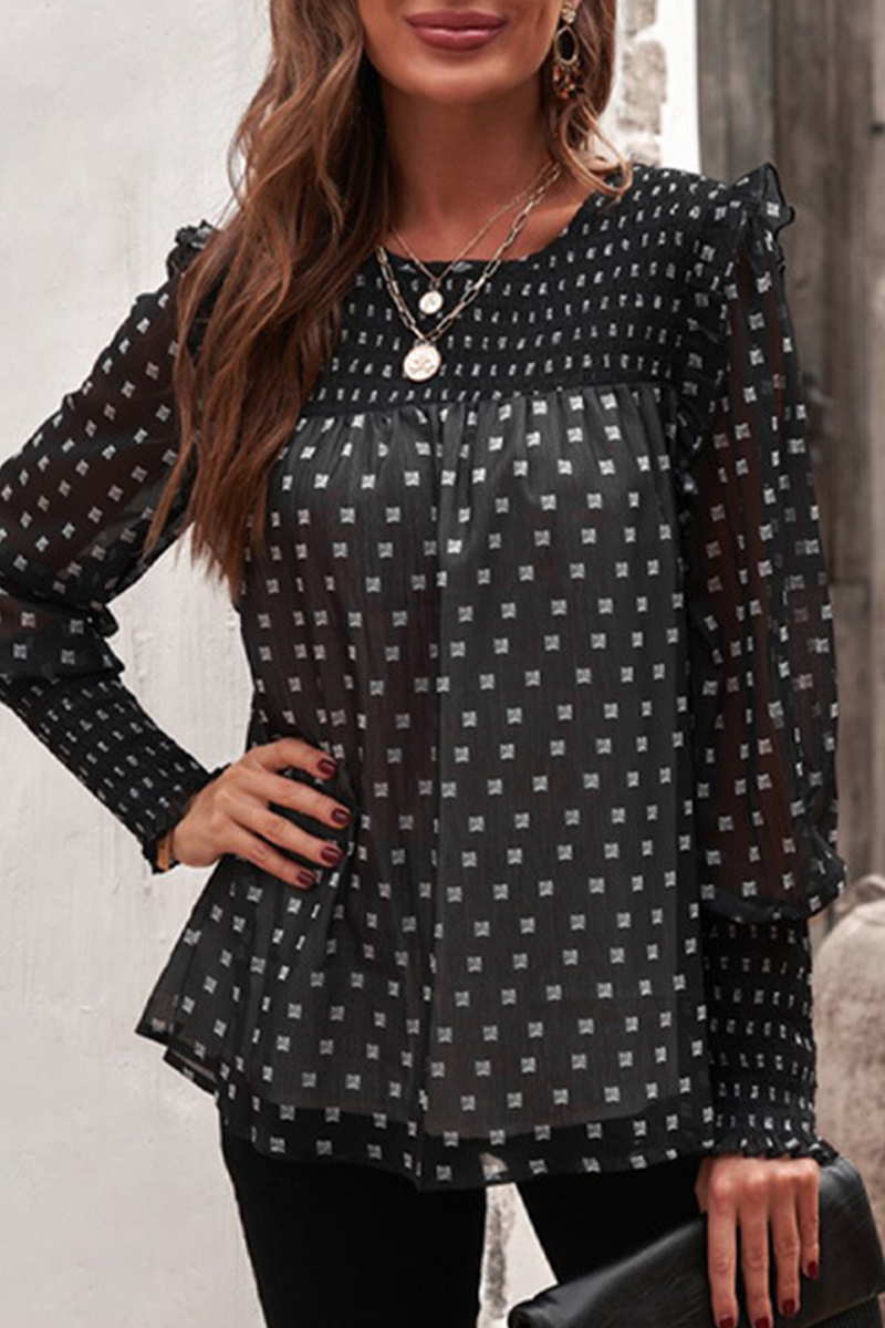 Omyke Casual Elegant Print Patchwork Stringy Selvedge O Neck Tops(4 colors)