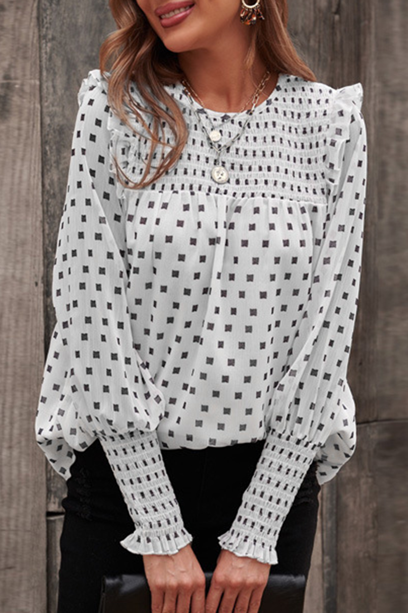 Omyke Casual Elegant Print Patchwork Stringy Selvedge O Neck Tops(4 colors)