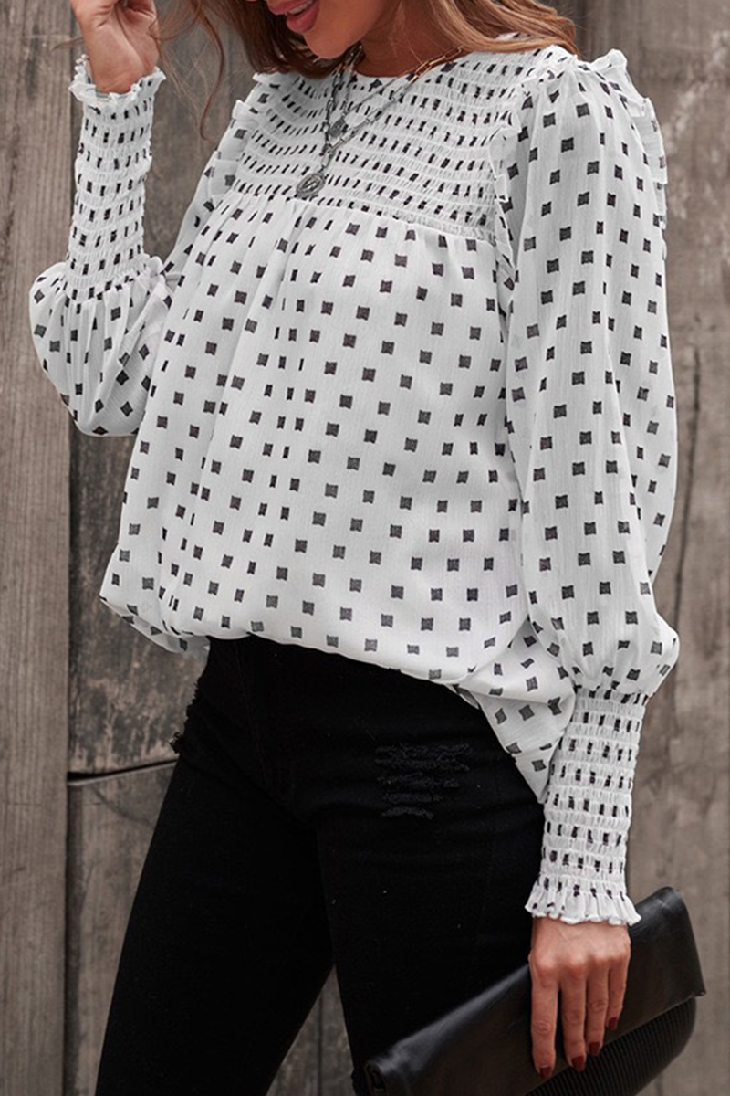 Omyke Casual Elegant Print Patchwork Stringy Selvedge O Neck Tops(4 colors)