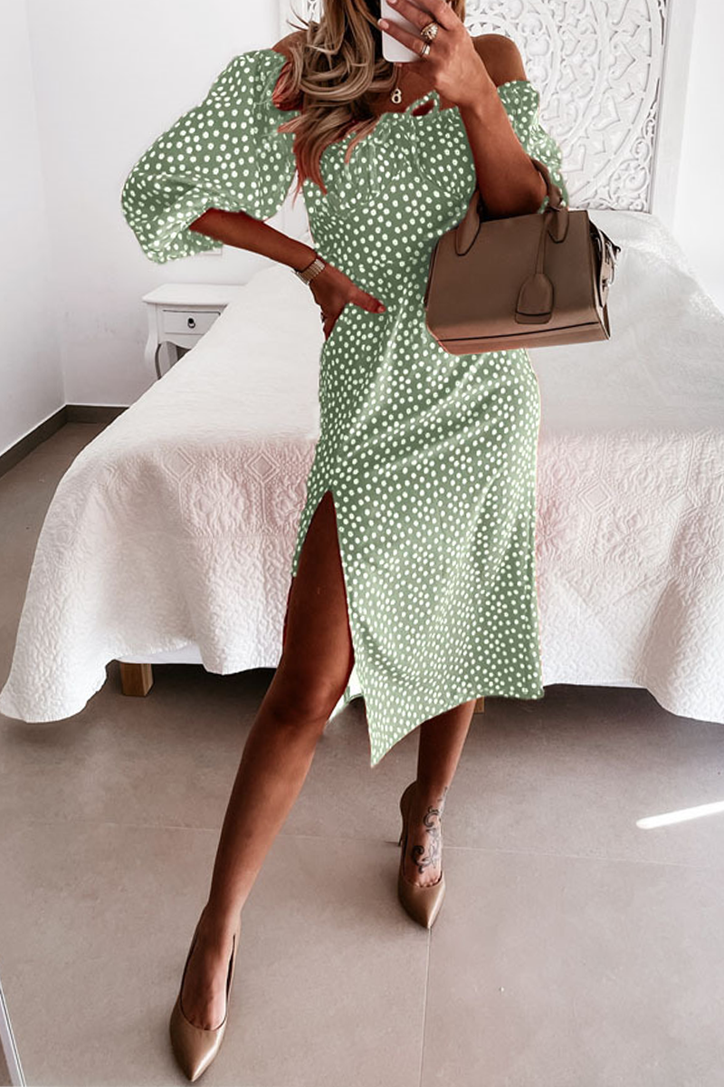 Fashion Elegant Polka Dot Frenulum Slit Off the Shoulder Dresses