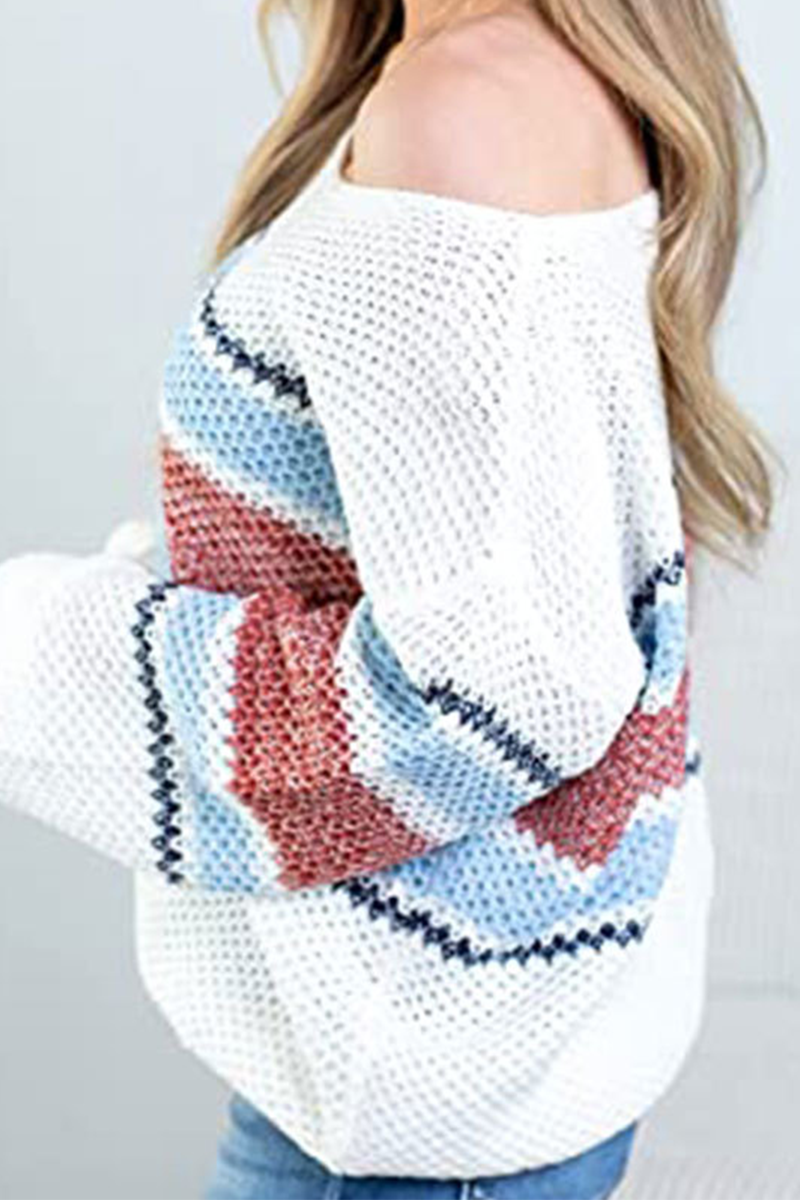 Casual Patchwork Hollowed Out Contrast O Neck Tops Sweater