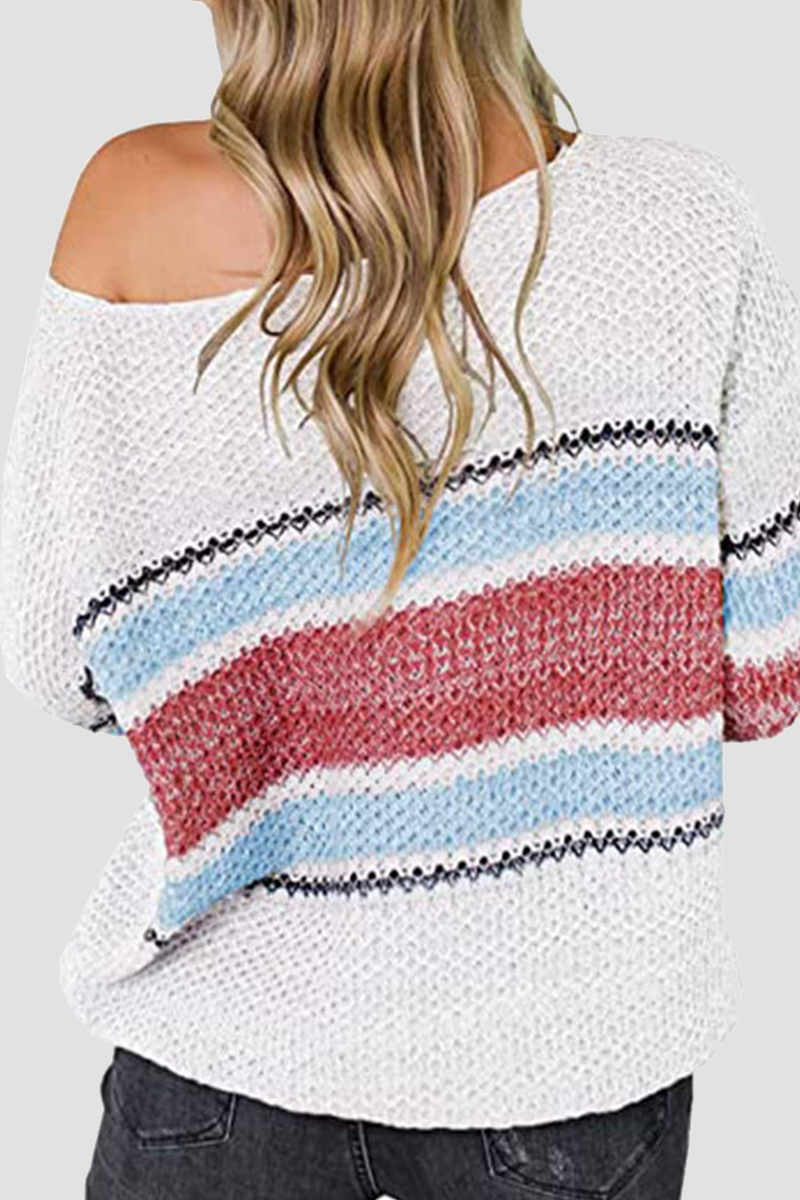 Casual Patchwork Hollowed Out Contrast O Neck Tops Sweater