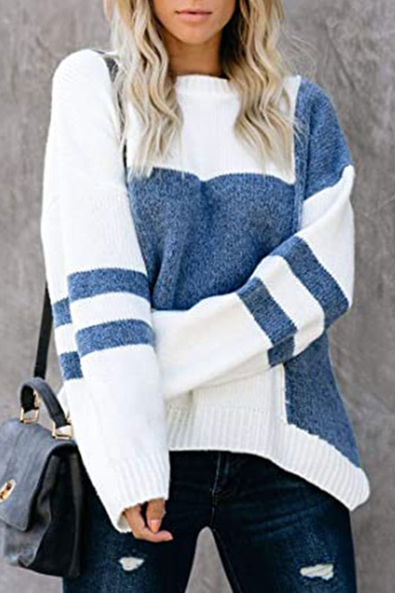 Casual Patchwork Contrast O Neck Tops Sweater