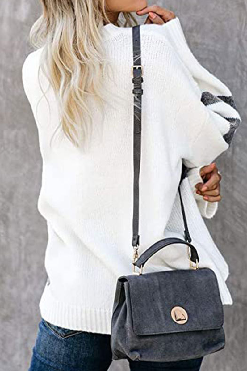 Casual Patchwork Contrast O Neck Tops Sweater