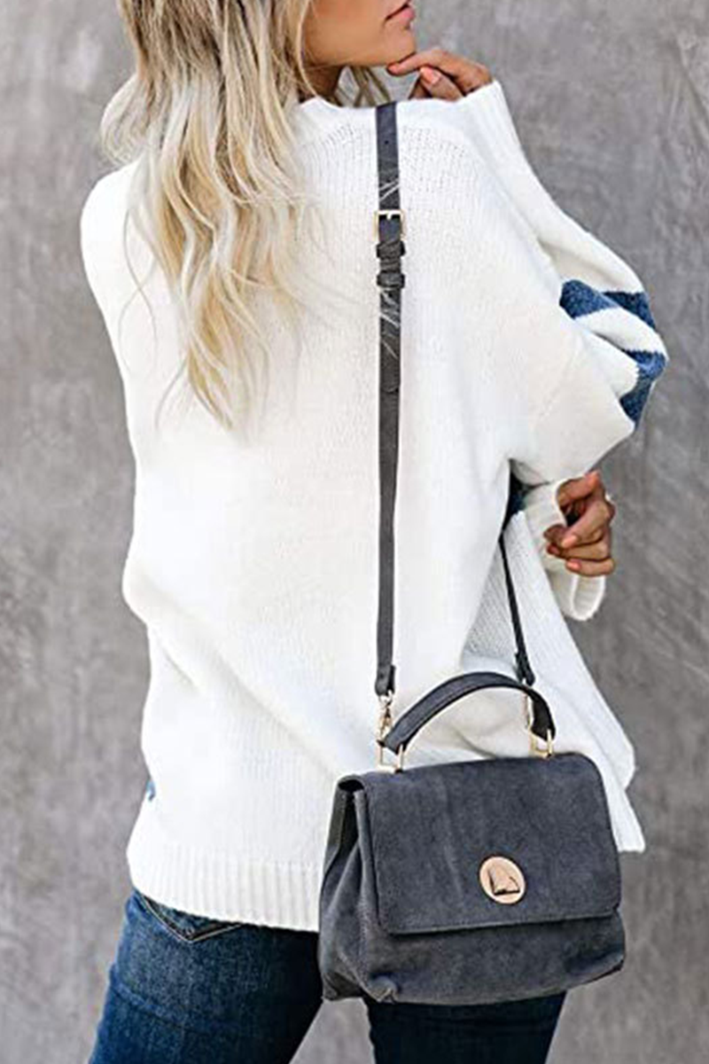 Casual Patchwork Contrast O Neck Tops Sweater