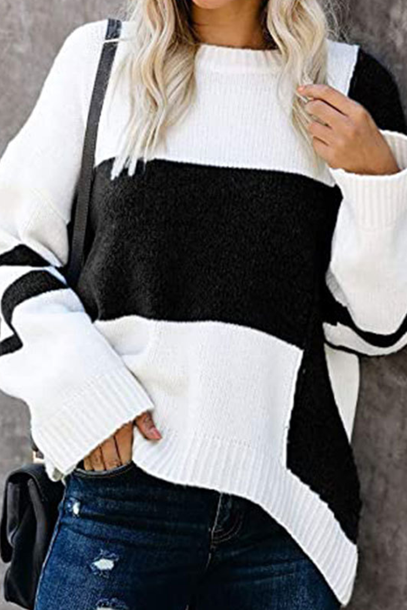 Casual Patchwork Contrast O Neck Tops Sweater