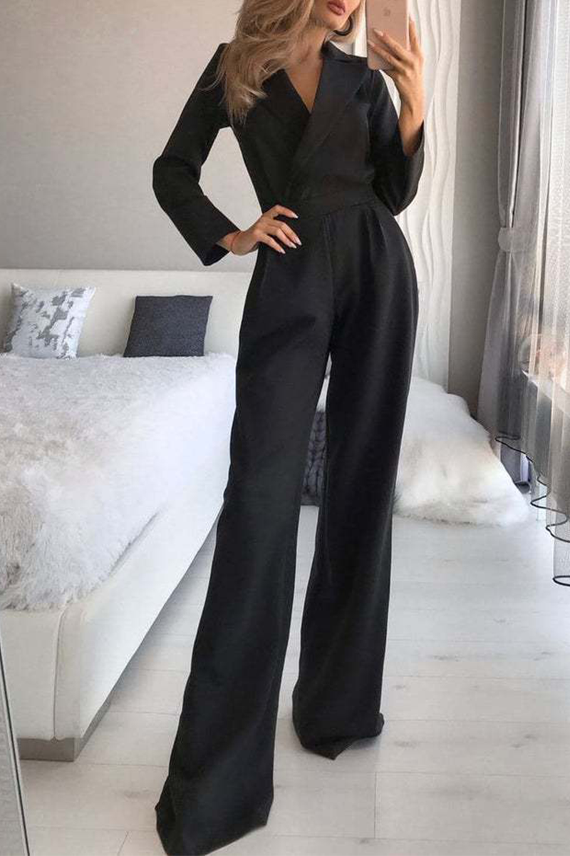 Fashion Elegant Solid Patchwork Turndown Collar Straight Jumpsuits