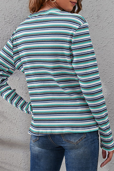 Casual Striped Split Joint Basic O Neck Tops