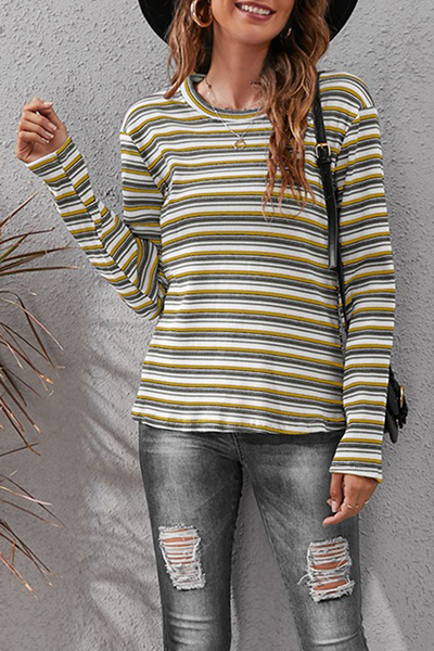 Casual Striped Split Joint Basic O Neck Tops