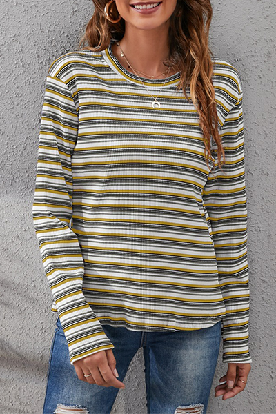 Casual Striped Split Joint Basic O Neck Tops