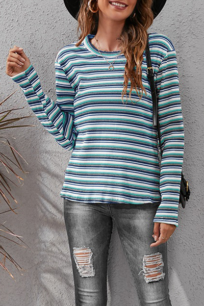 Casual Striped Split Joint Basic O Neck Tops