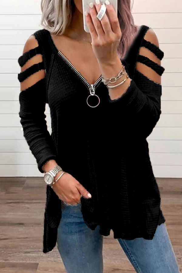 Casual Solid Hollowed Out Zipper V Neck Tops(8 Colors)