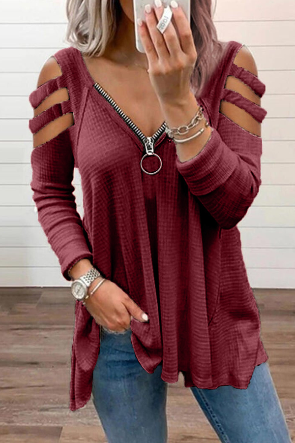 Casual Solid Hollowed Out Zipper V Neck Tops(8 Colors)