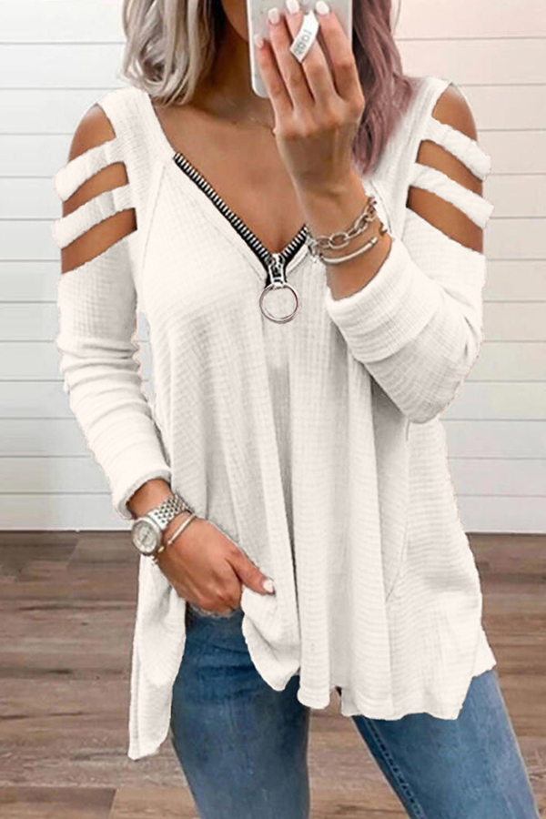 Casual Solid Hollowed Out Zipper V Neck Tops(8 Colors)