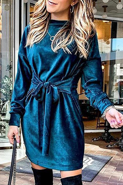 Fashion Elegant Solid Split Joint Strap Design O Neck A Line Dresses(4 colors)
