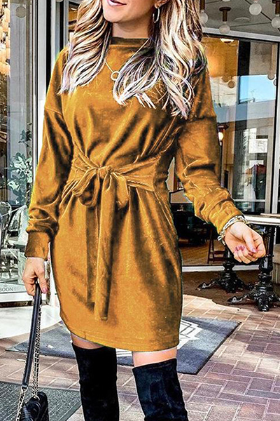 Fashion Elegant Solid Split Joint Strap Design O Neck A Line Dresses(4 colors)