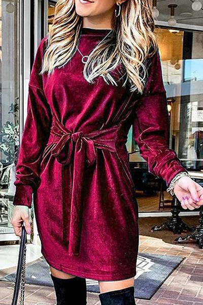 Fashion Elegant Solid Split Joint Strap Design O Neck A Line Dresses(4 colors)