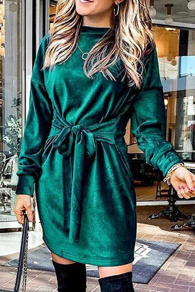 Fashion Elegant Solid Split Joint Strap Design O Neck A Line Dresses(4 colors)