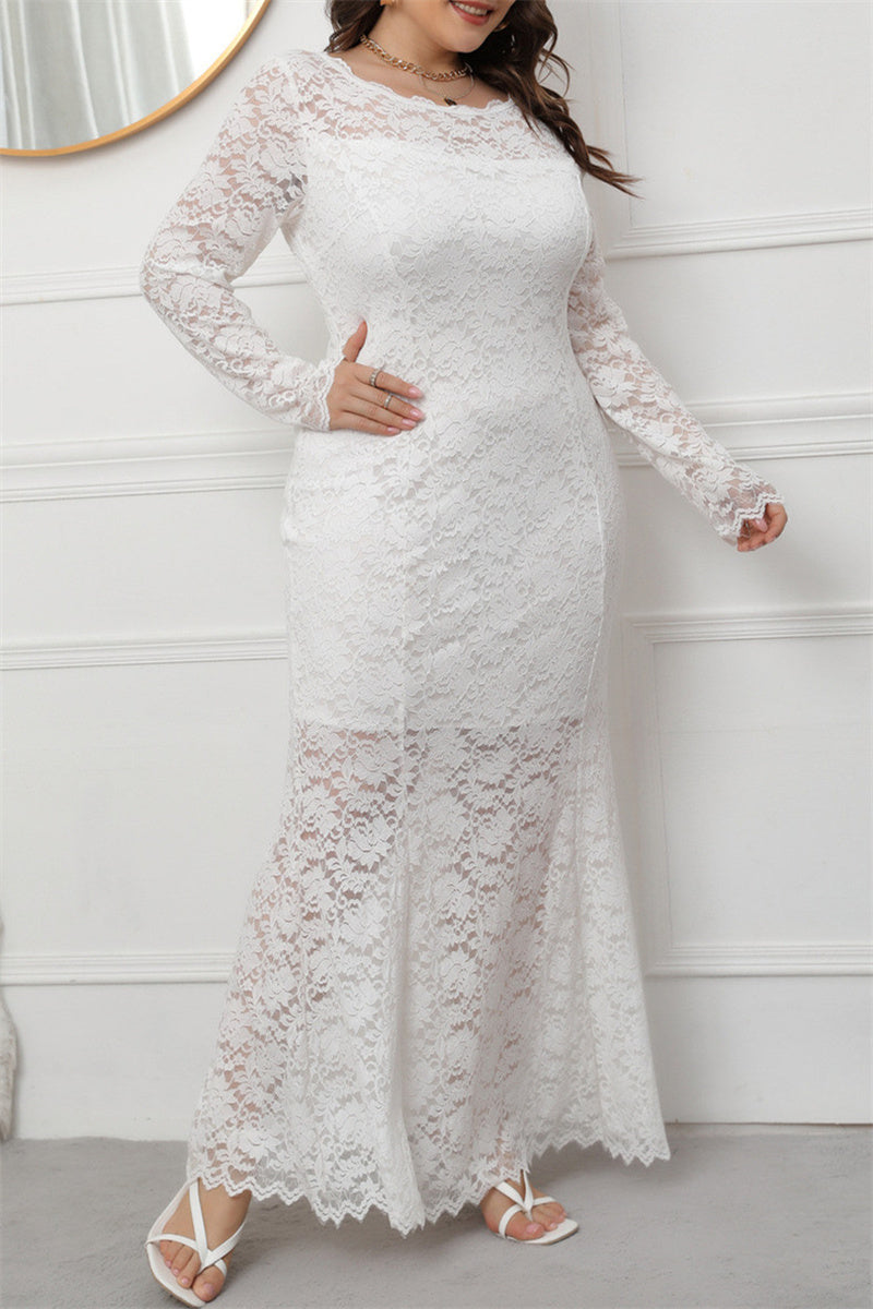 Fashion Sexy Solid Patchwork See-through O Neck Long Sleeve Plus Size Dresses