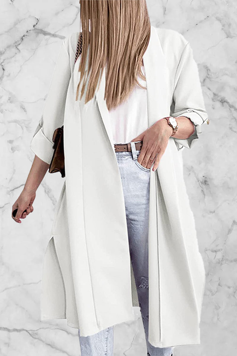 Fashion Elegant Solid Slit Turndown Collar Outerwear