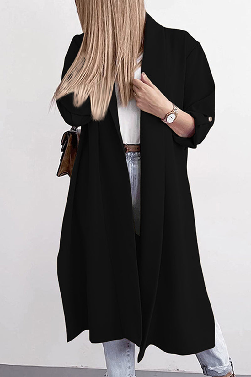 Fashion Elegant Solid Slit Turndown Collar Outerwear