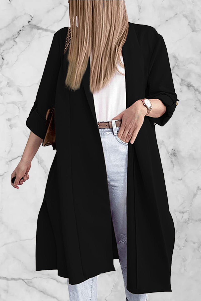 Fashion Elegant Solid Slit Turndown Collar Outerwear