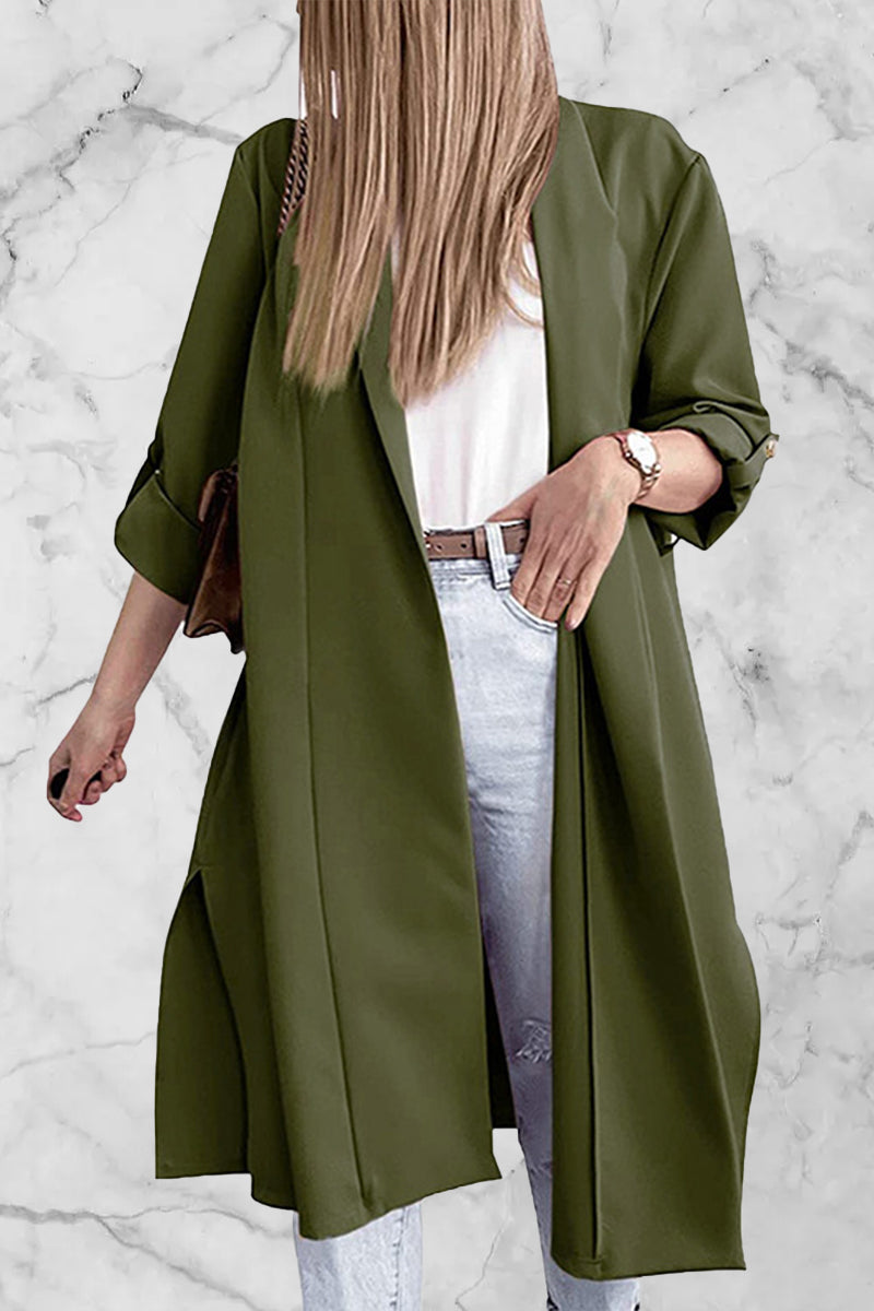 Fashion Elegant Solid Slit Turndown Collar Outerwear