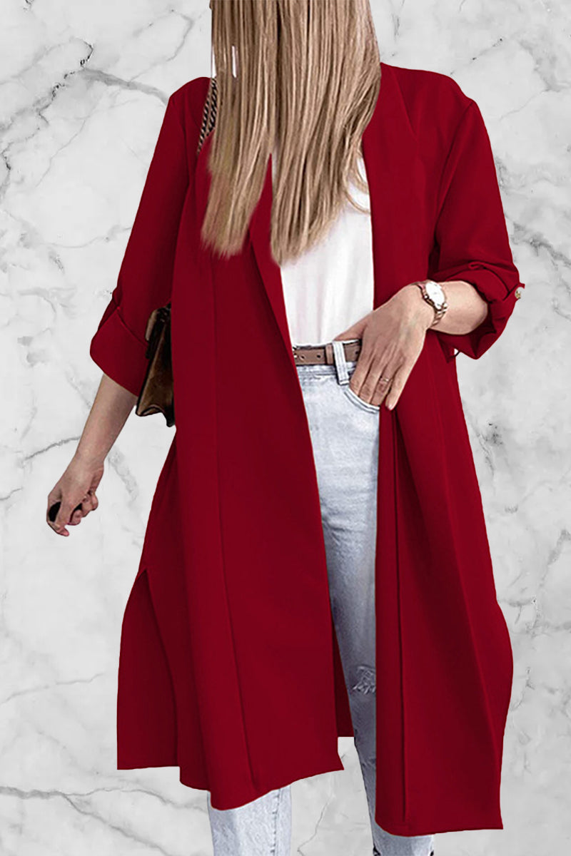 Fashion Elegant Solid Slit Turndown Collar Outerwear