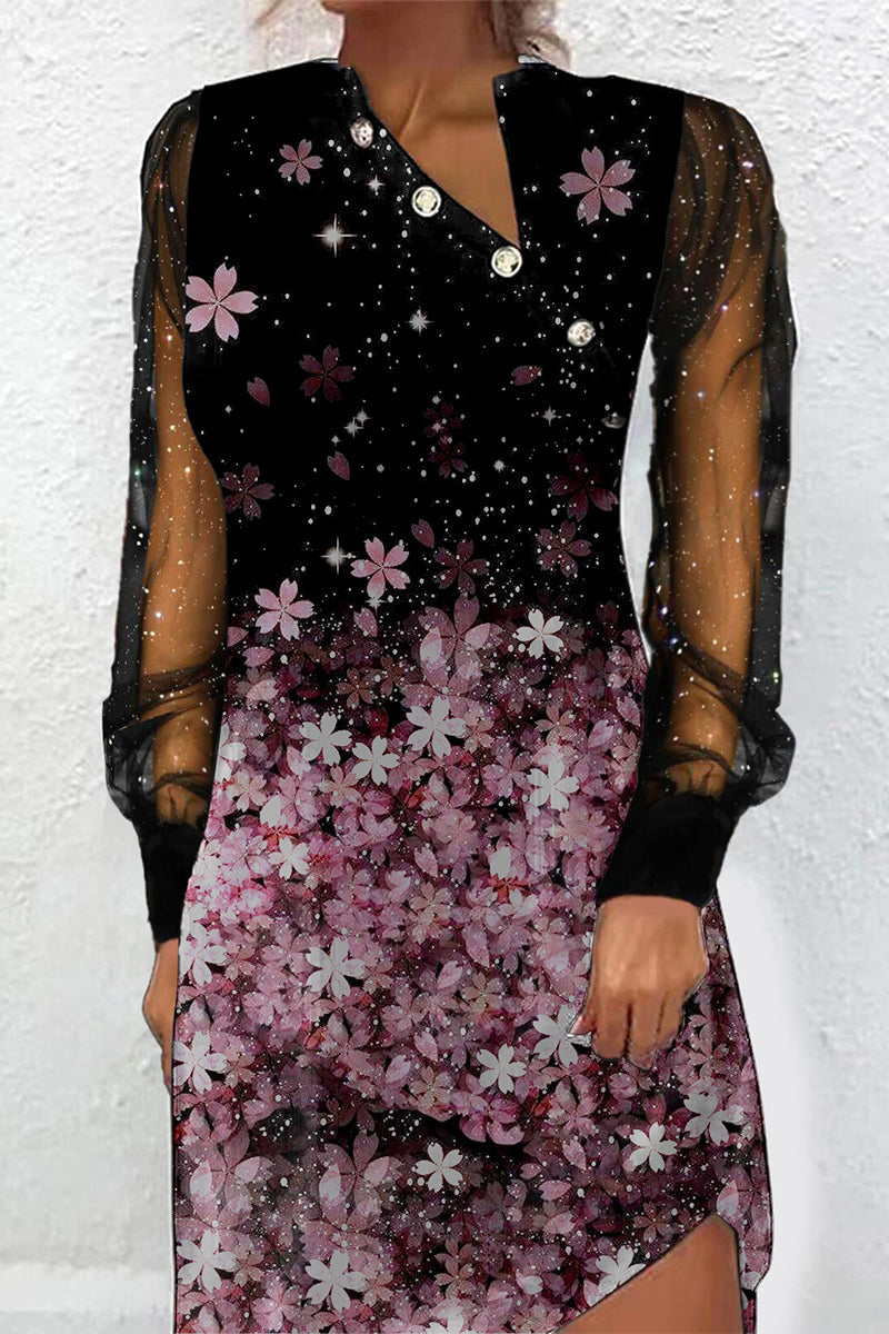 Elegant Print Patchwork Buttons Mesh V Neck Princess Dresses(6 Colors)