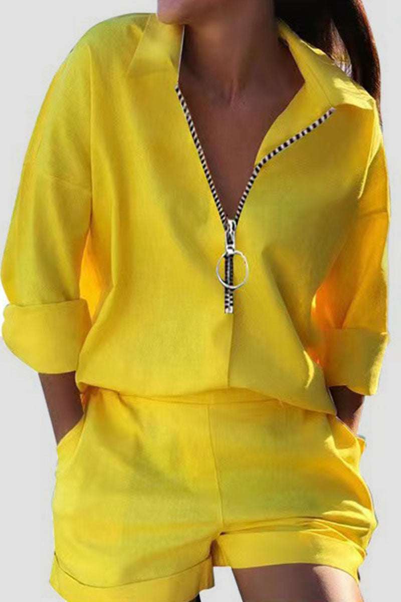 Casual Print Patchwork Zipper Turndown Collar Long Sleeve Two Pieces(5 Colors)