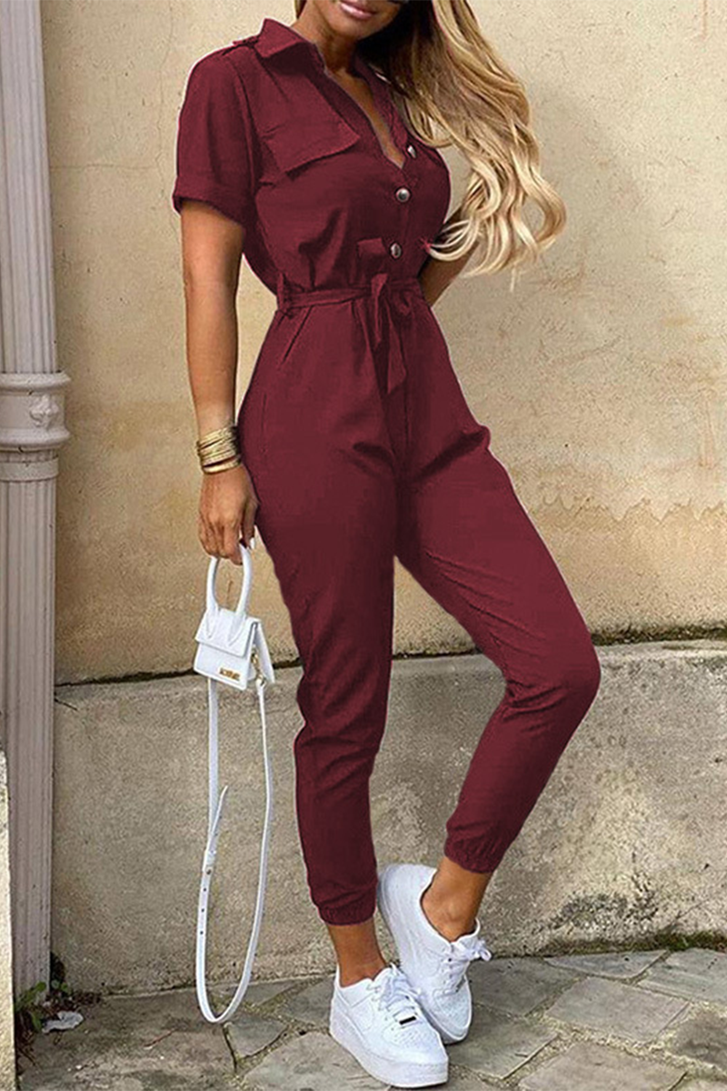 Casual Daily Solid Frenulum With Belt Turndown Collar Regular Jumpsuits(10 Colors)
