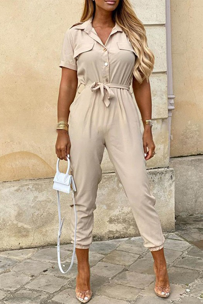 Casual Daily Solid Frenulum With Belt Turndown Collar Regular Jumpsuits(10 Colors)