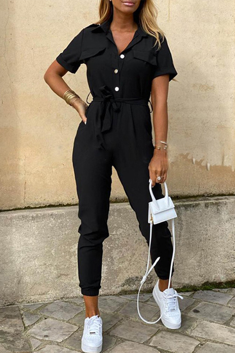 Casual Daily Solid Frenulum With Belt Turndown Collar Regular Jumpsuits(10 Colors)