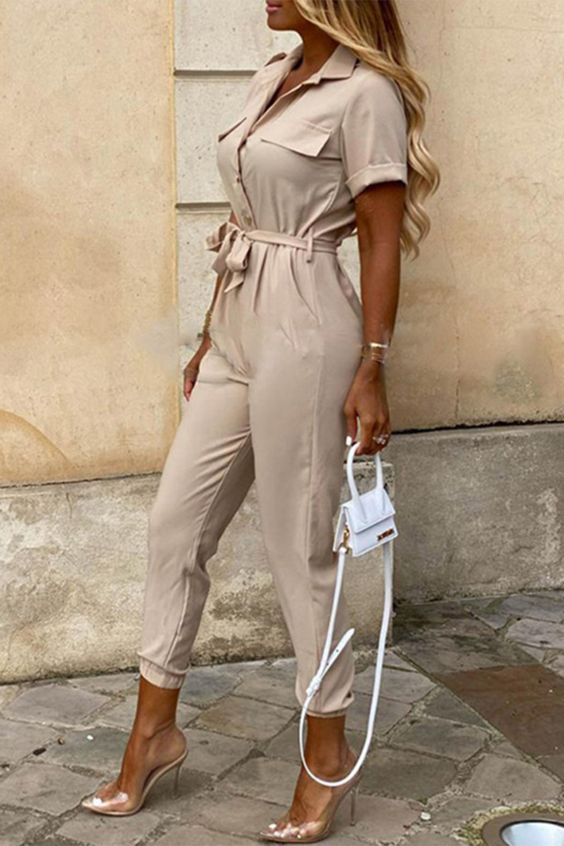 Casual Daily Solid Frenulum With Belt Turndown Collar Regular Jumpsuits(10 Colors)
