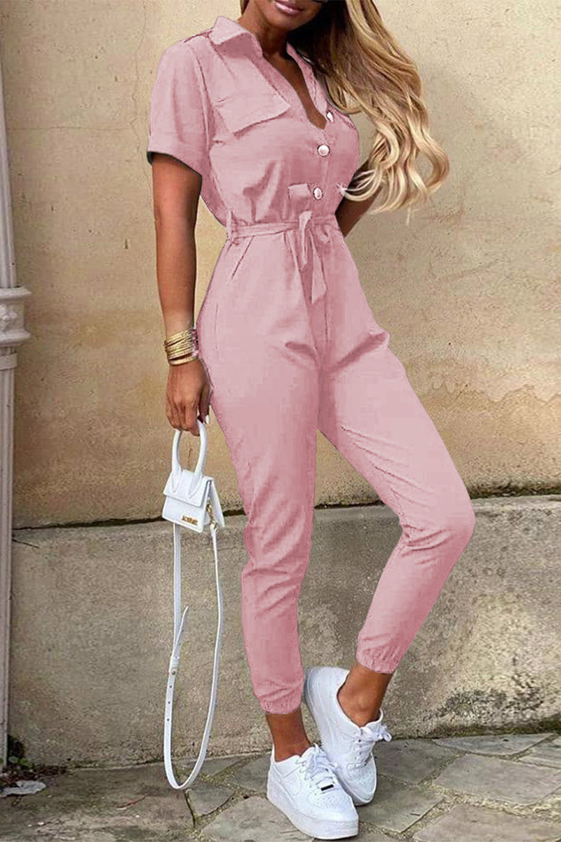 Casual Daily Solid Frenulum With Belt Turndown Collar Regular Jumpsuits(10 Colors)