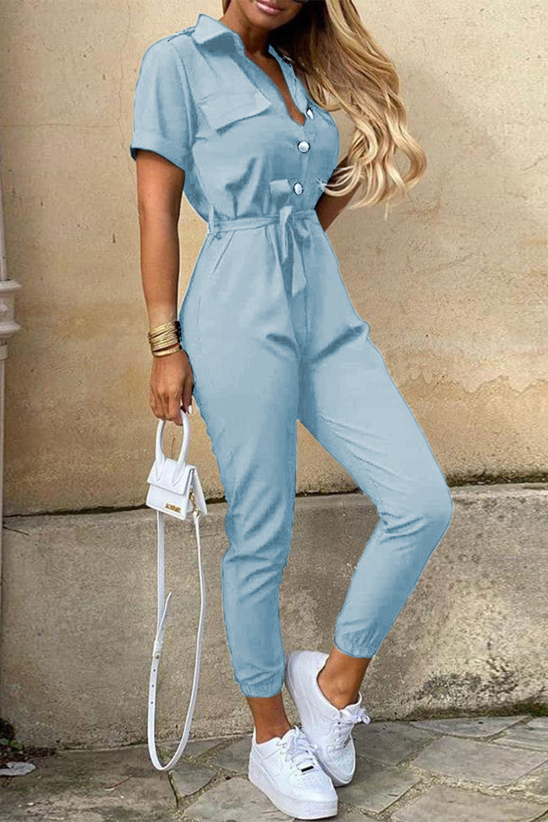 Casual Daily Solid Frenulum With Belt Turndown Collar Regular Jumpsuits(10 Colors)