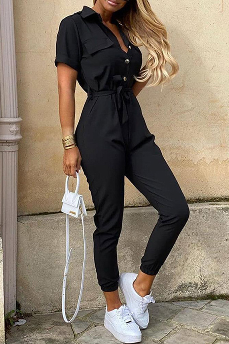 Casual Daily Solid Frenulum With Belt Turndown Collar Regular Jumpsuits(10 Colors)