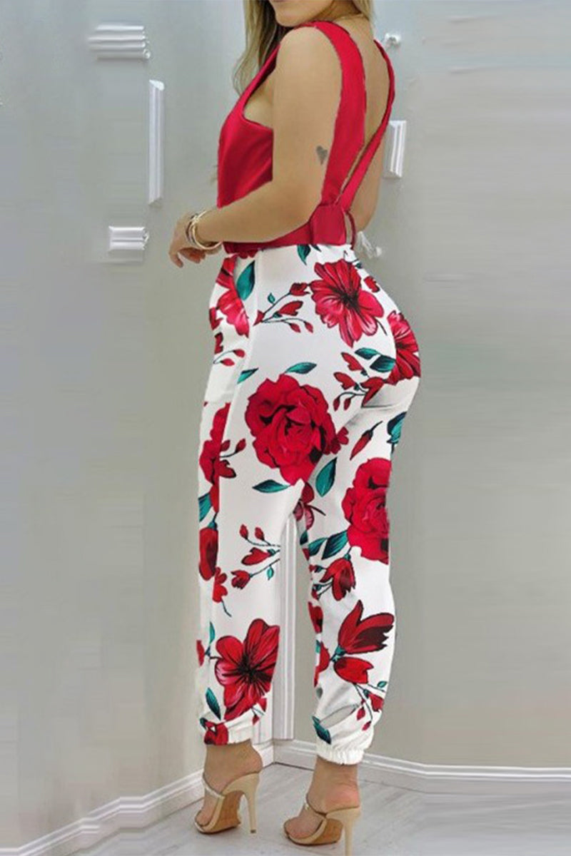 Sexy Casual Solid Backless With Belt V Neck Regular Jumpsuits