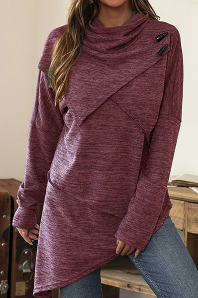Casual Solid Patchwork Asymmetrical Scarf Collar Tops(5 Colors)