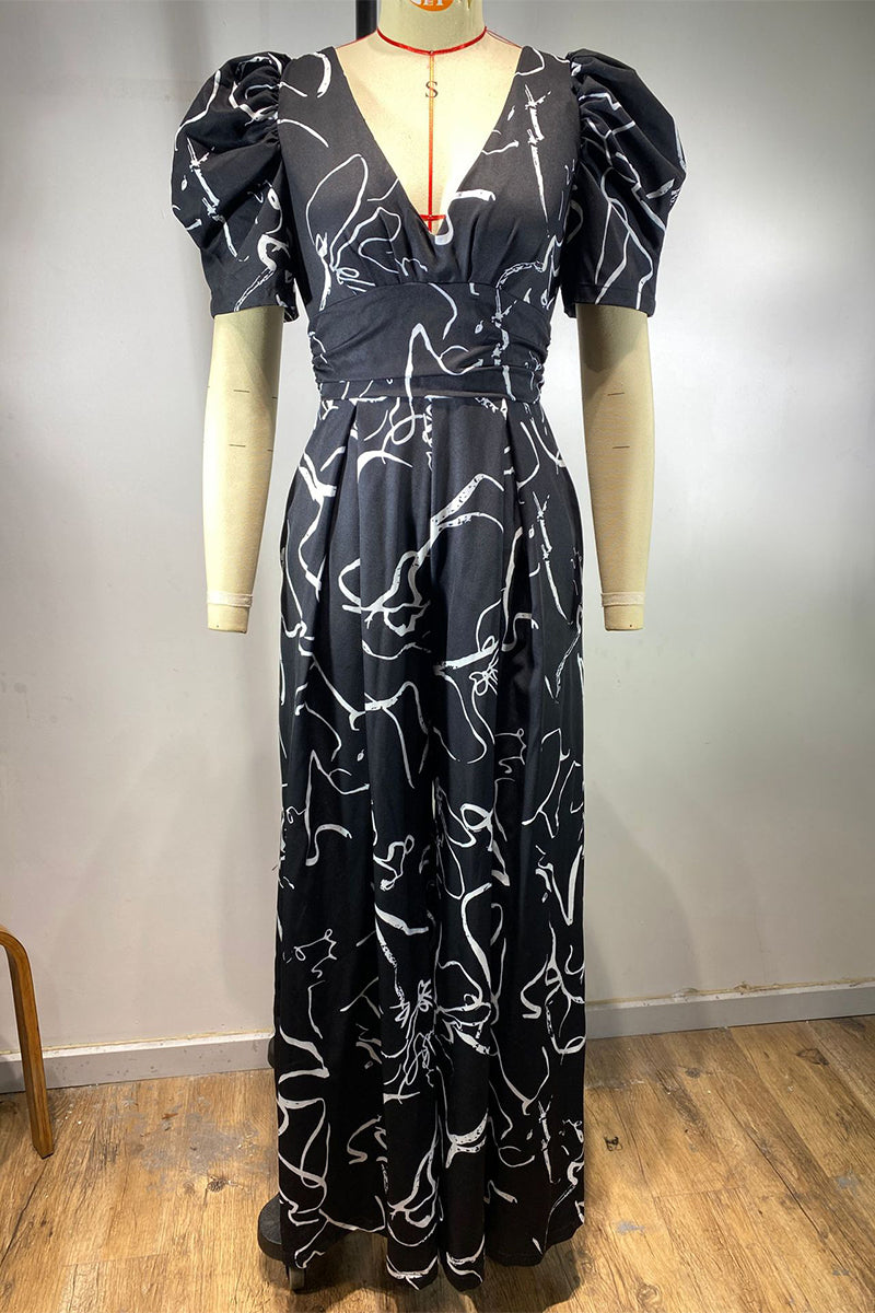 Casual Street Print V Neck Loose Jumpsuits(7 Colors)