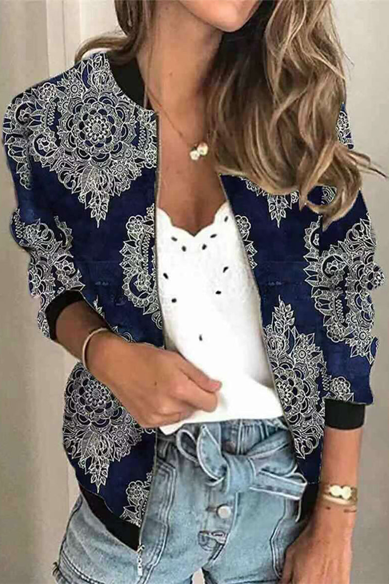 Casual Print Patchwork O Neck Outerwear(8 Colors)