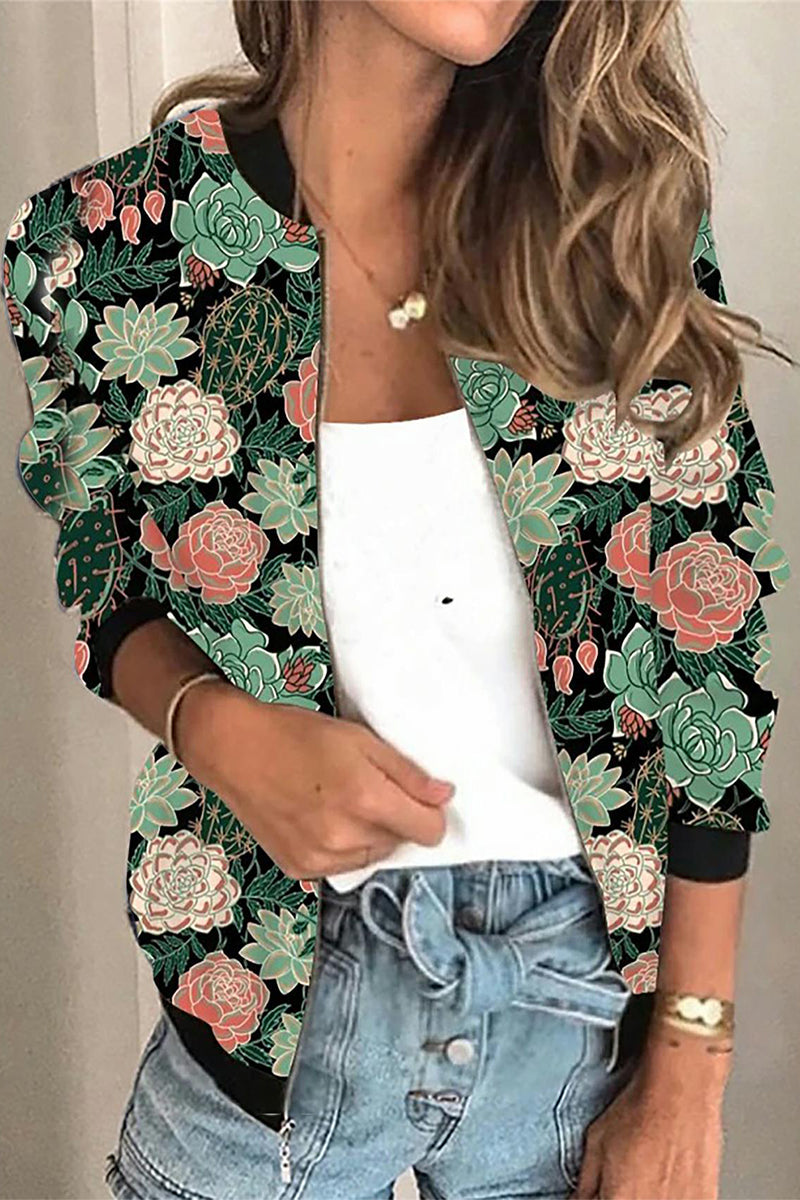 Casual Print Patchwork O Neck Outerwear(8 Colors)
