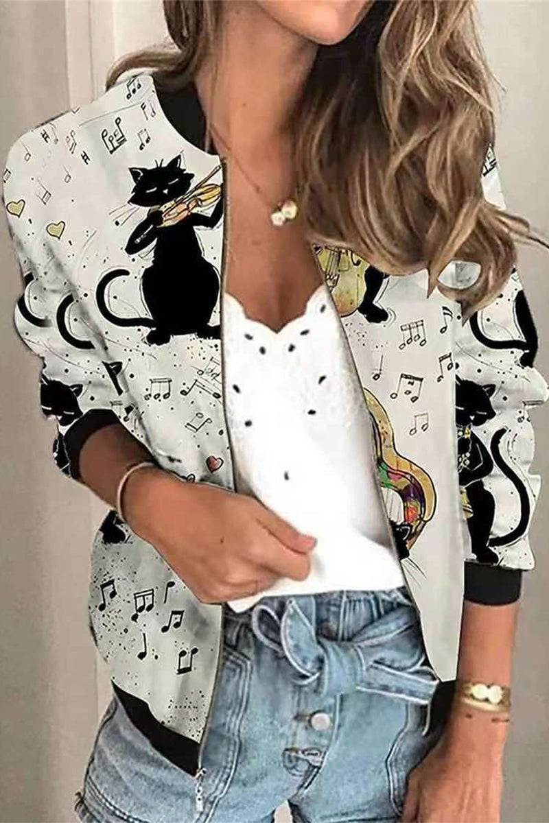 Casual Print Patchwork O Neck Outerwear(8 Colors)