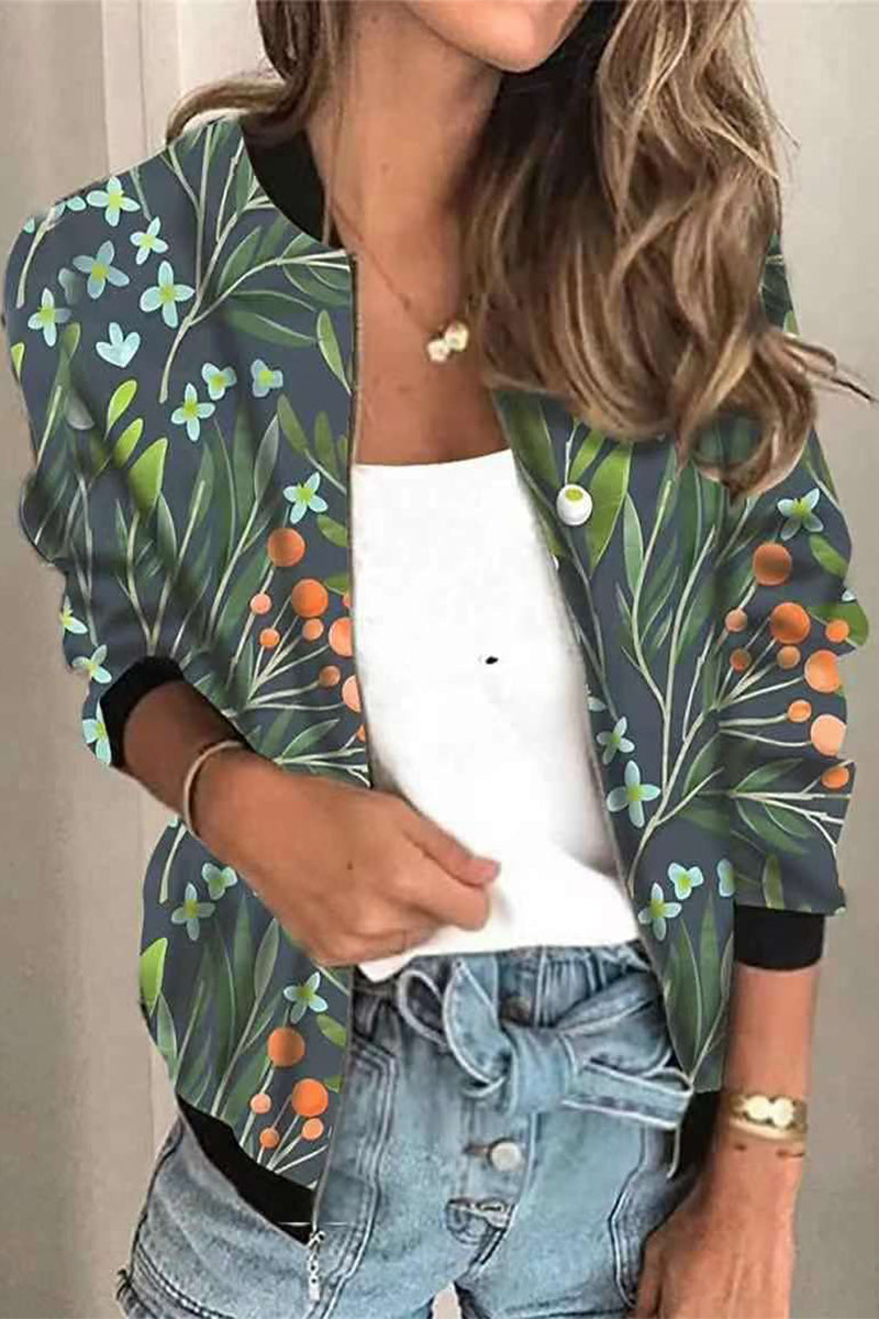 Casual Print Patchwork O Neck Outerwear(8 Colors)
