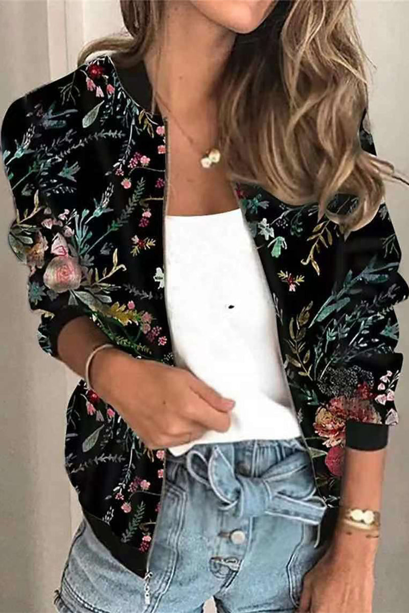 Casual Print Patchwork O Neck Outerwear(8 Colors)